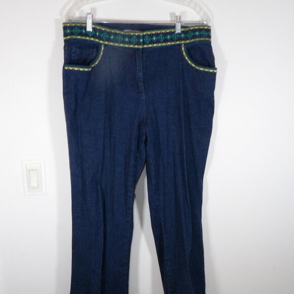 ANN TRINITY Blue Denim Jeans Green and Teal Embroidered Wide Waistband 16 - Picture 2 of 9